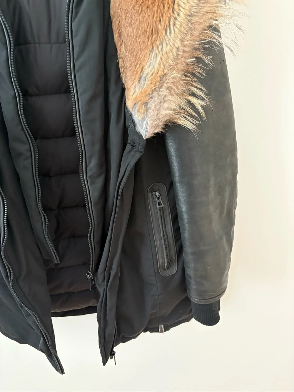RUDSAK Black Down Fur Trimmed Midi Parka Leather Sleeves Size Medium Luxury Chic - Picture 10 of 16